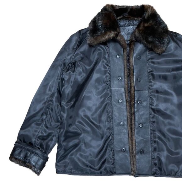 KATHY IRELAND Faux Fur Leather Trim Open Jacket LARGE - Picture 5 of 16